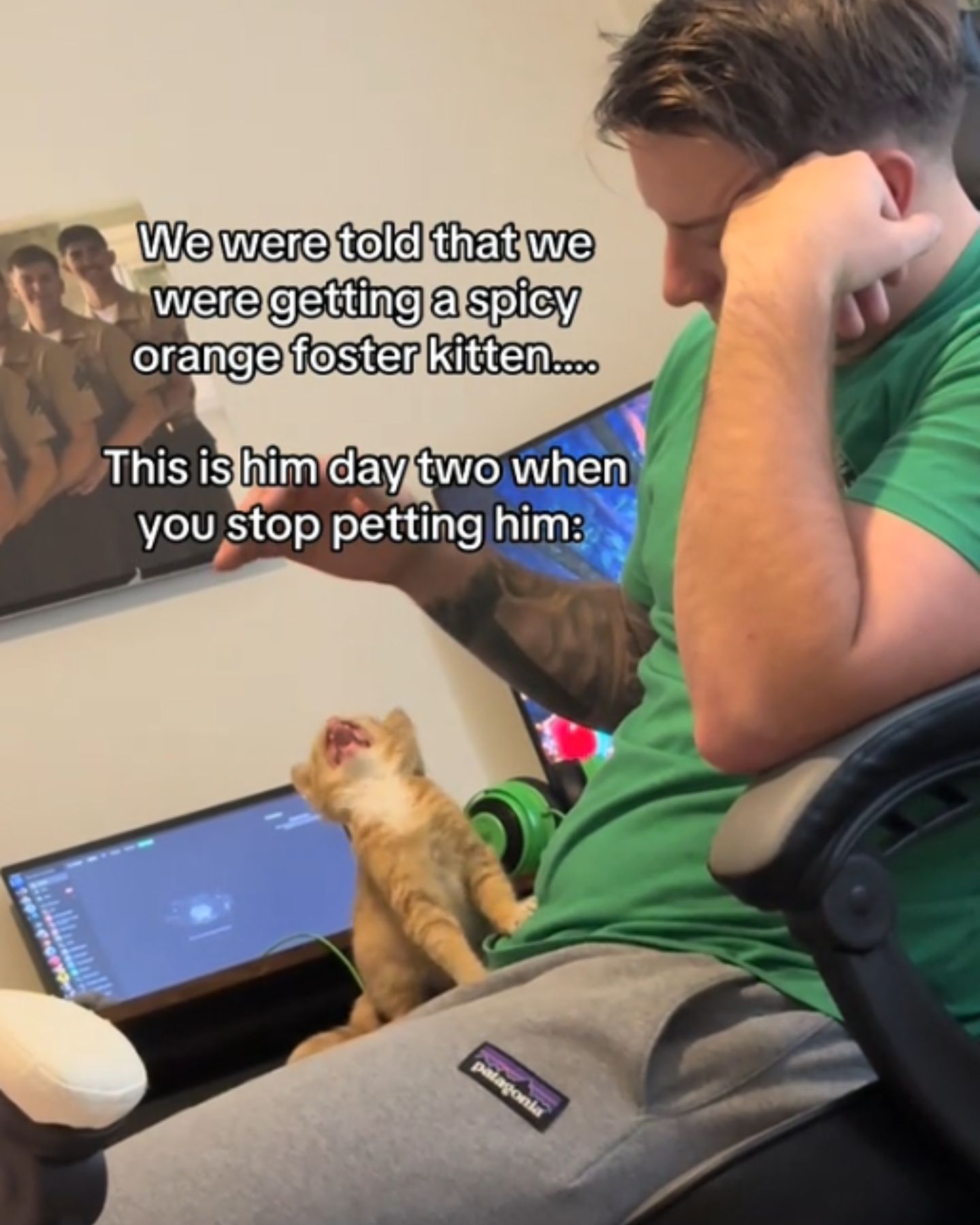 young man on chair playing with kitten