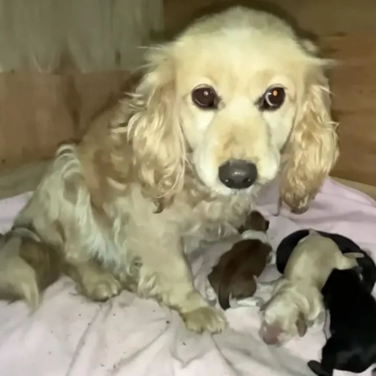 white dog and four puppies