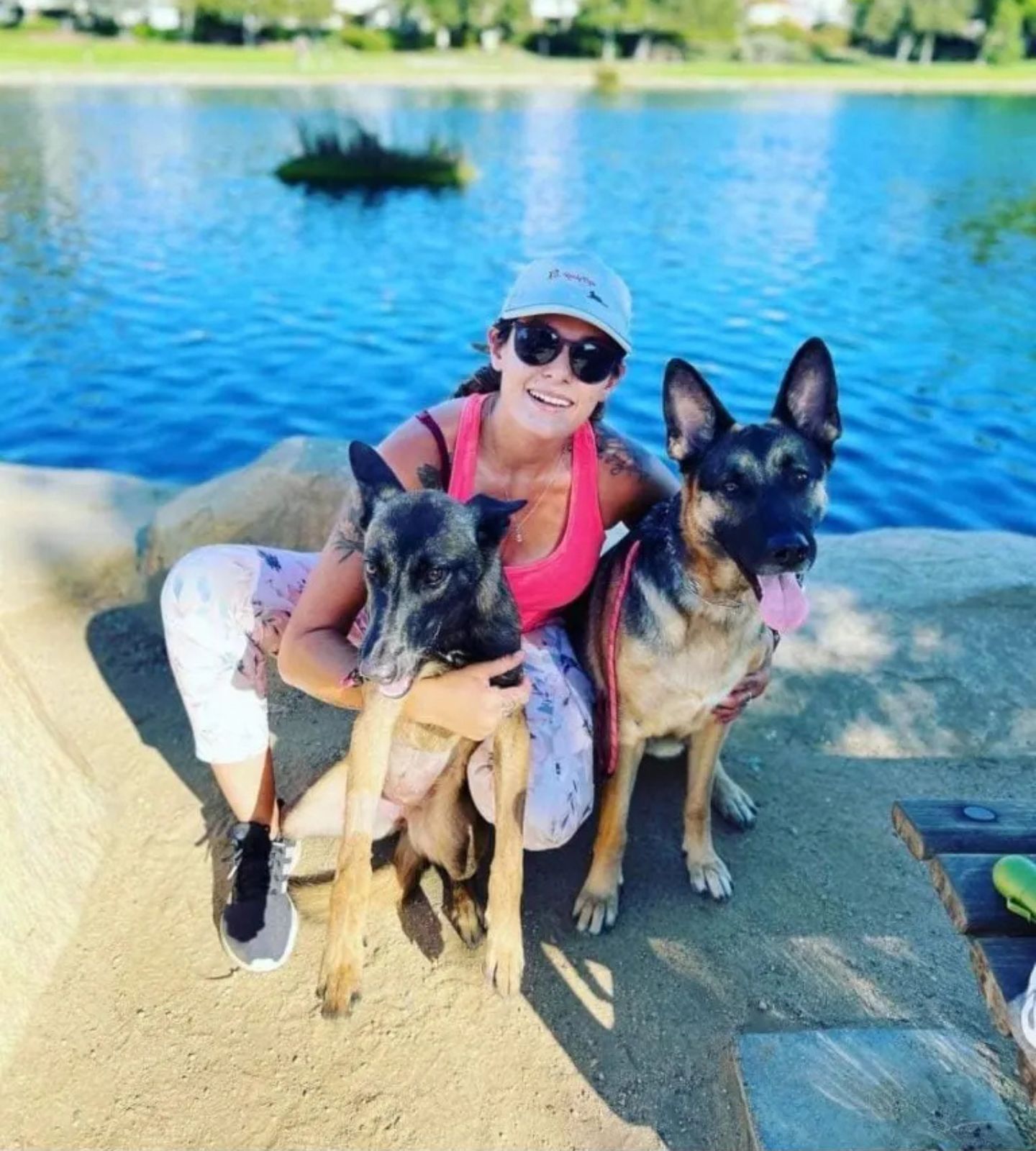 woman and two dogs