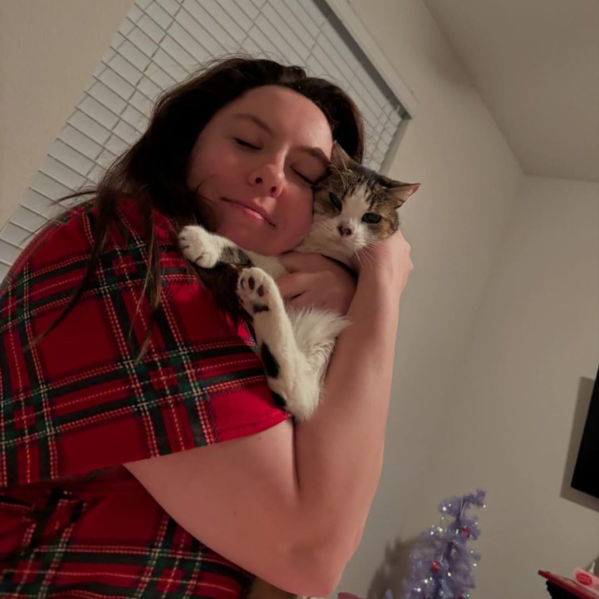 woman hugging a kitten