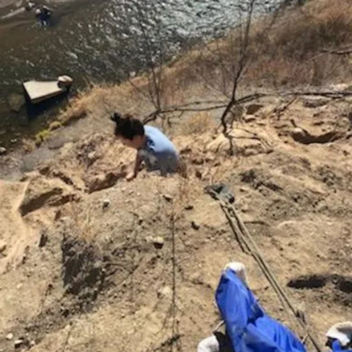 woman saving a dog on cliff