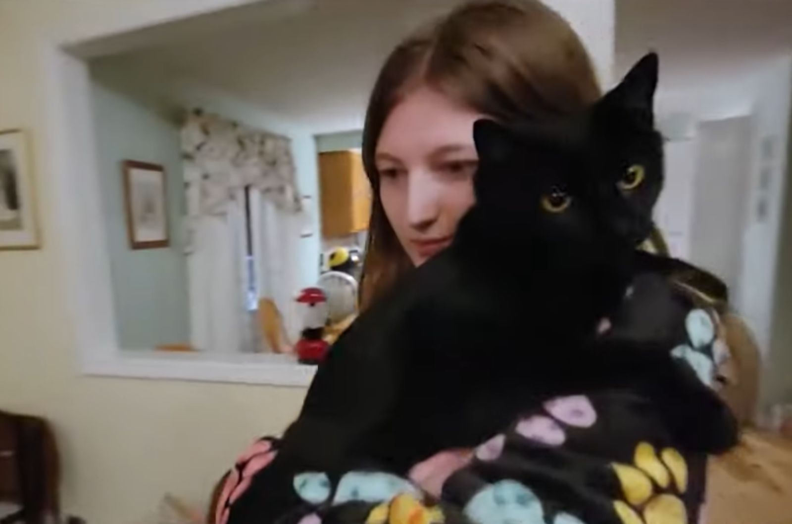 young girl and black cat