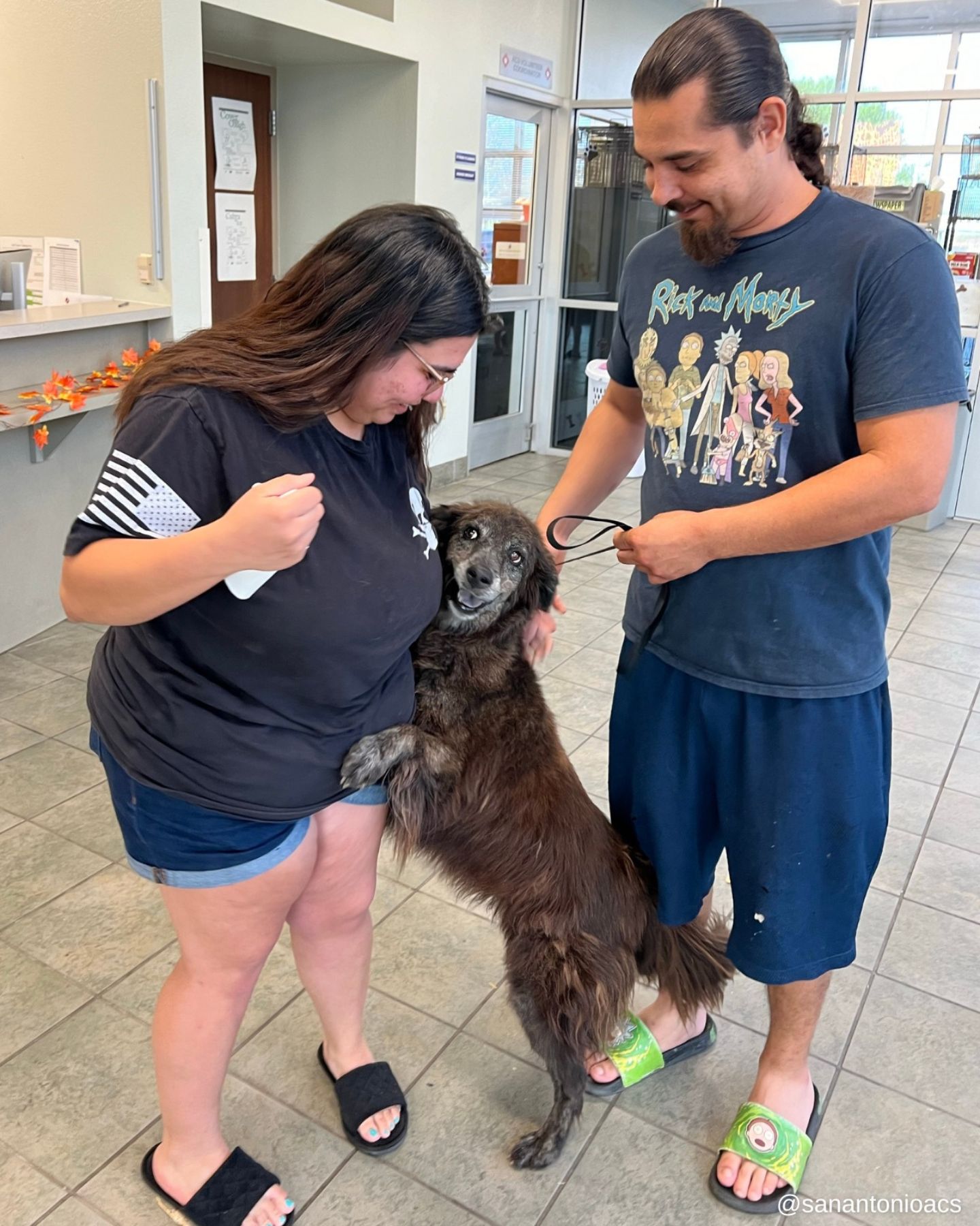 couple and black dog