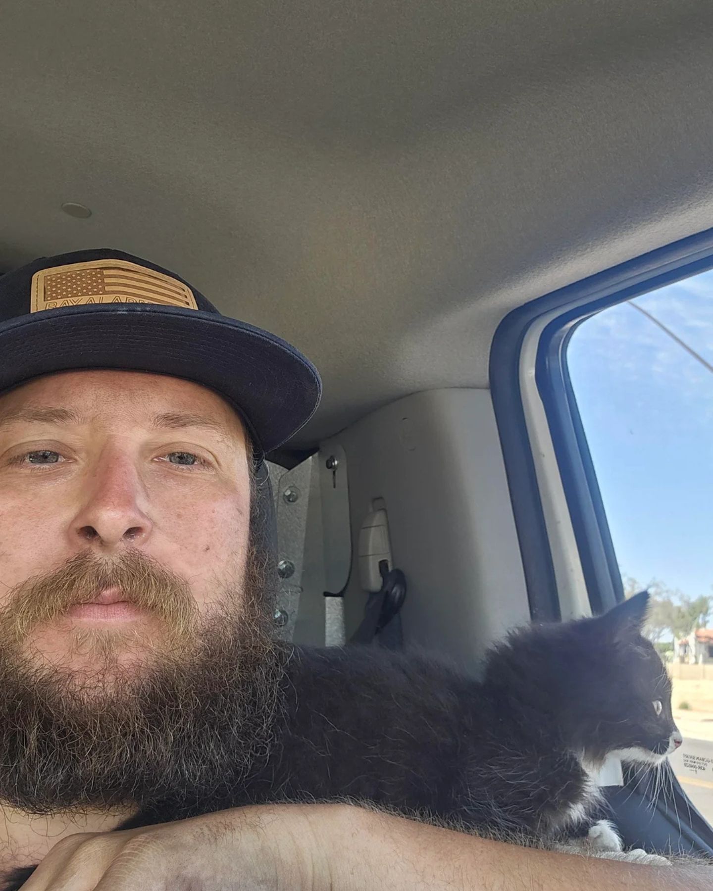 man and cat in car