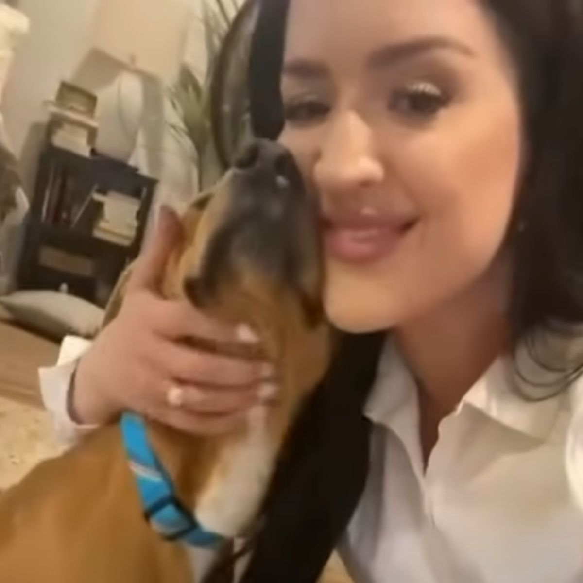 woman hugging a paralyzed dog