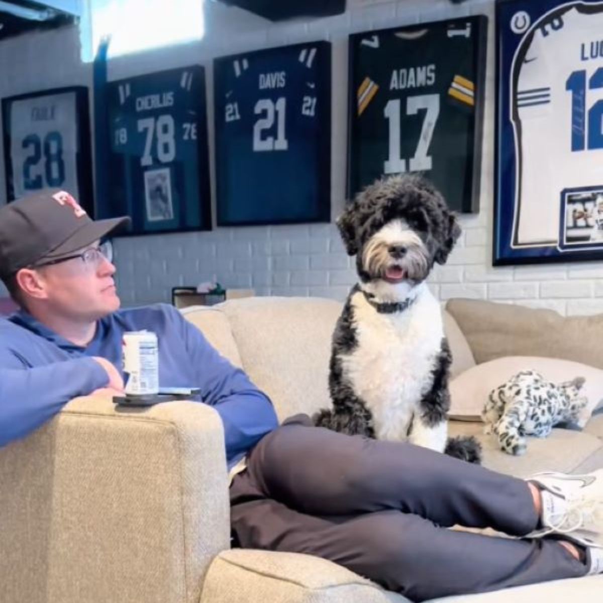 owner and dog sitting on couch