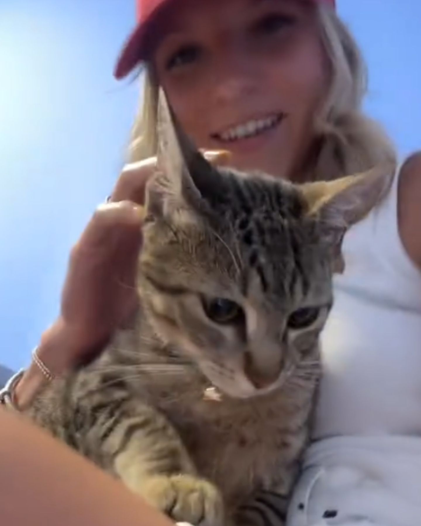 blonde woman and gray cat