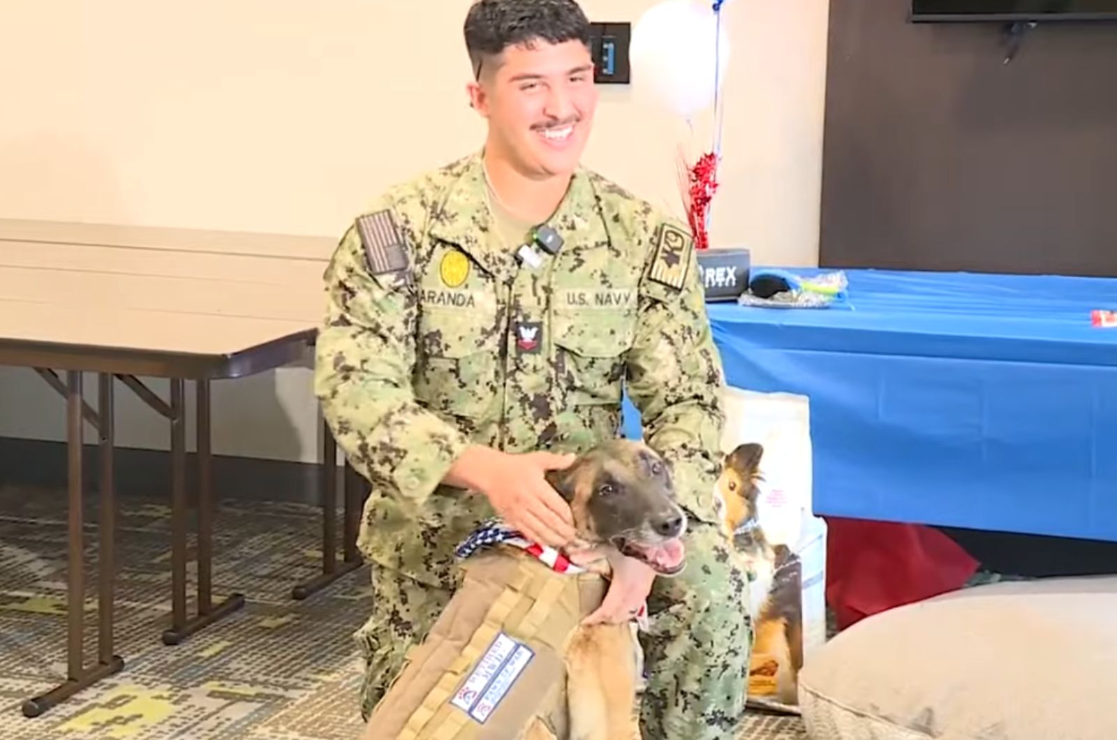 happy solider and dog