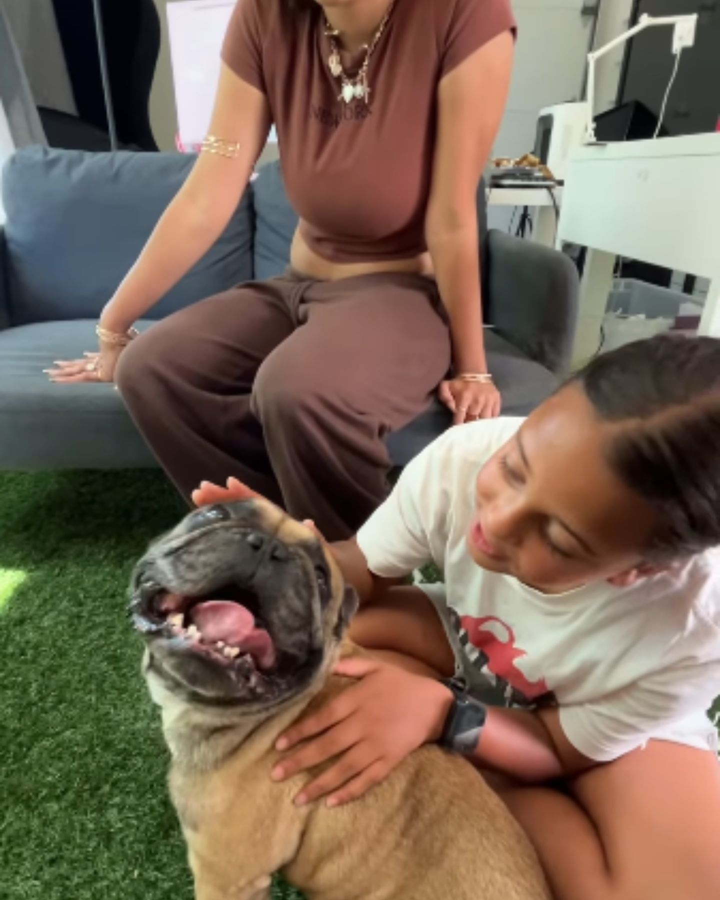 kid playing with dog