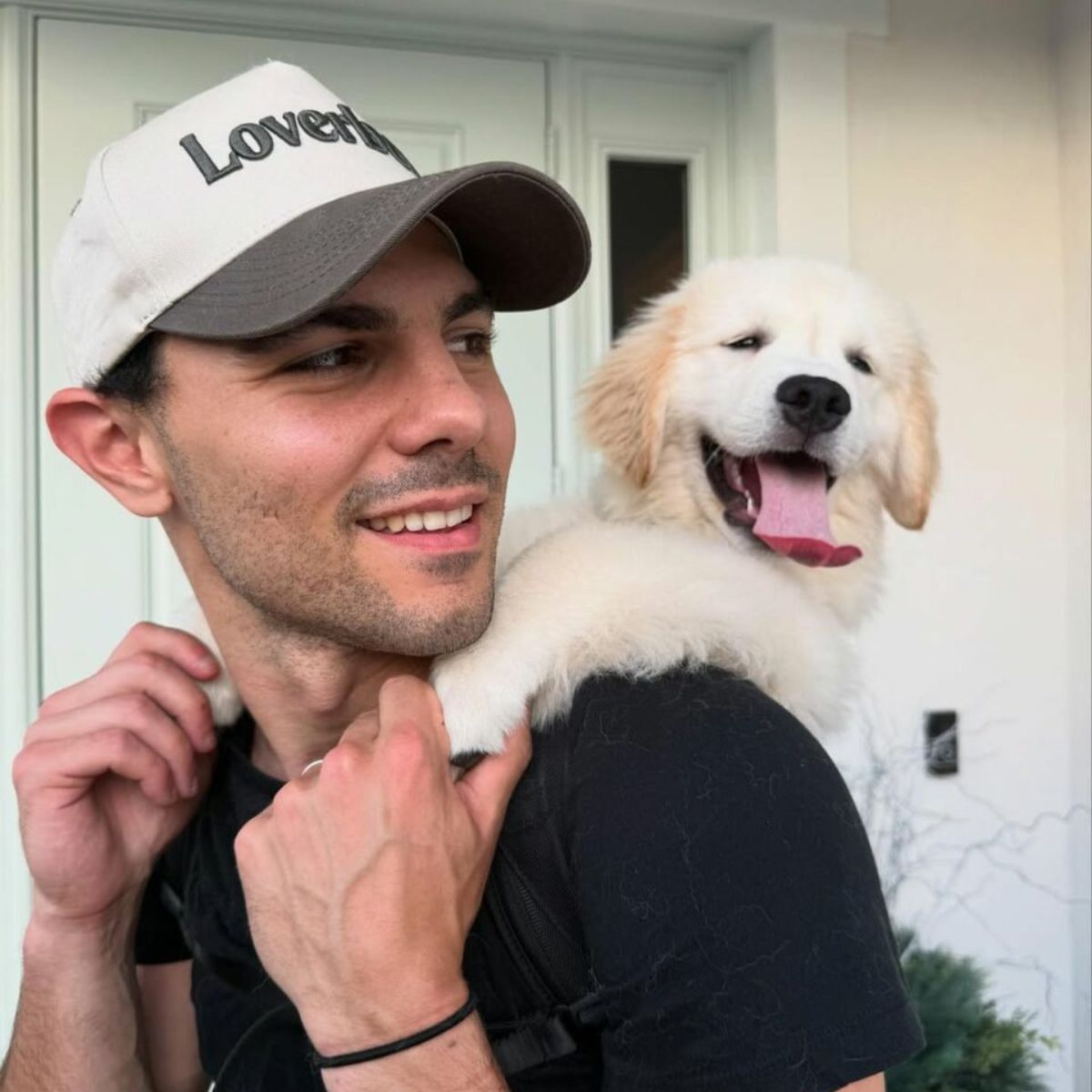 owner and white dog