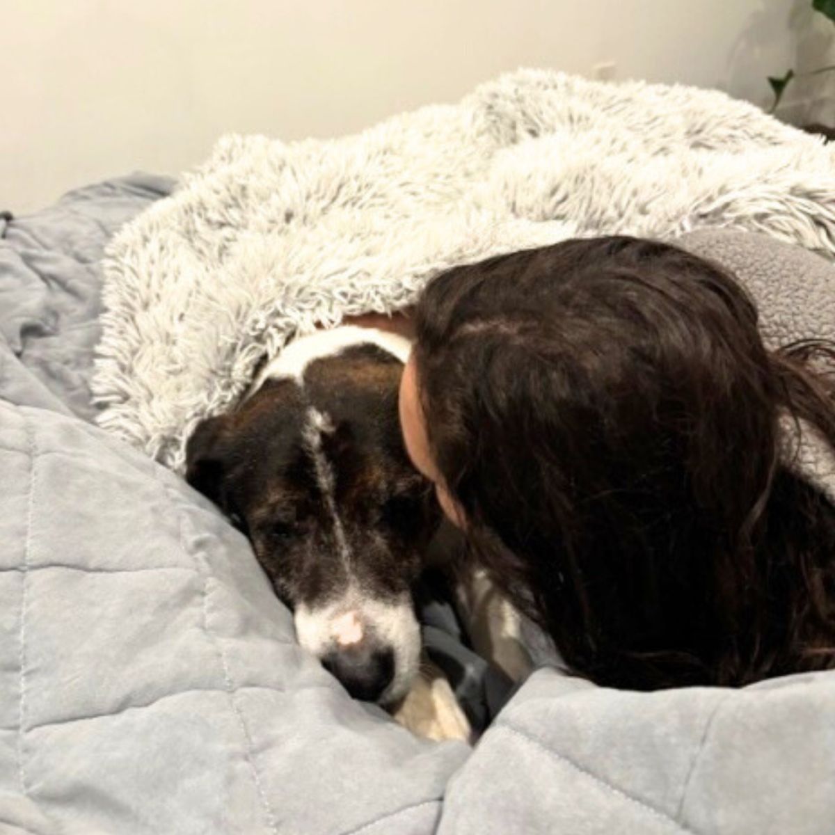 woman and dog laying together