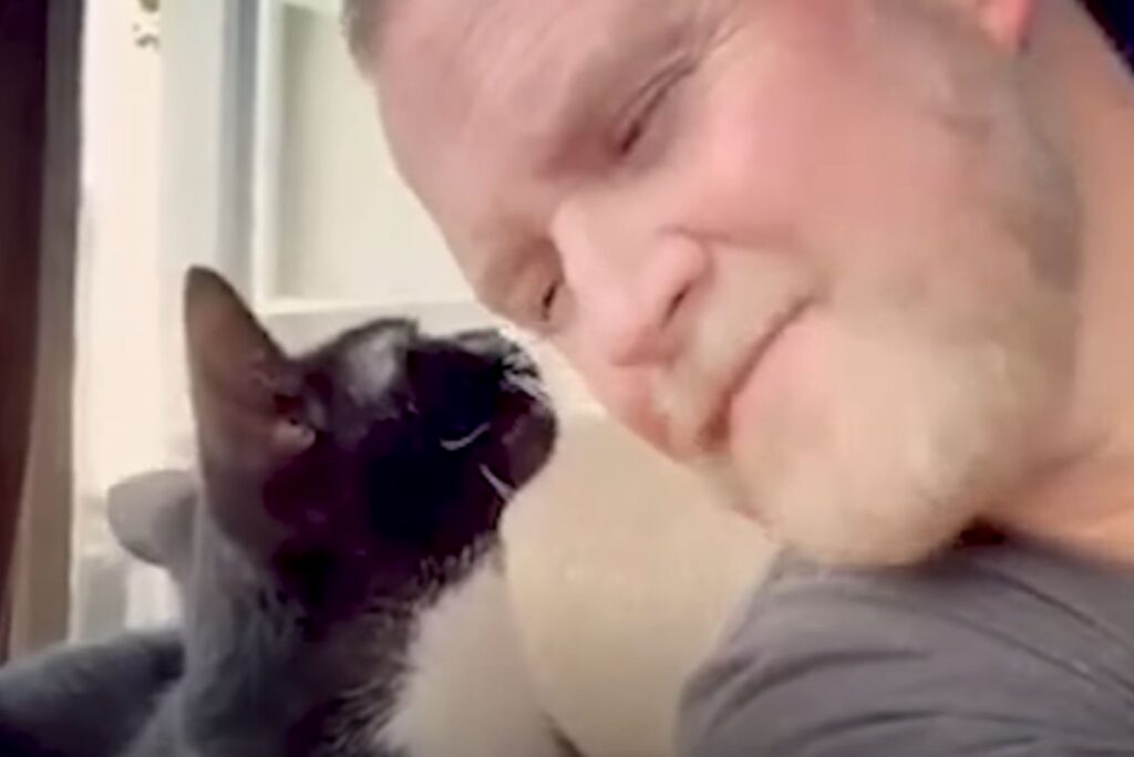 man happily looks at cat
