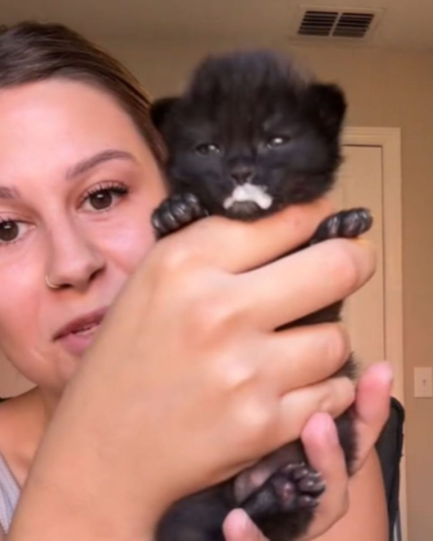 a woman is holding a black newborn kitten