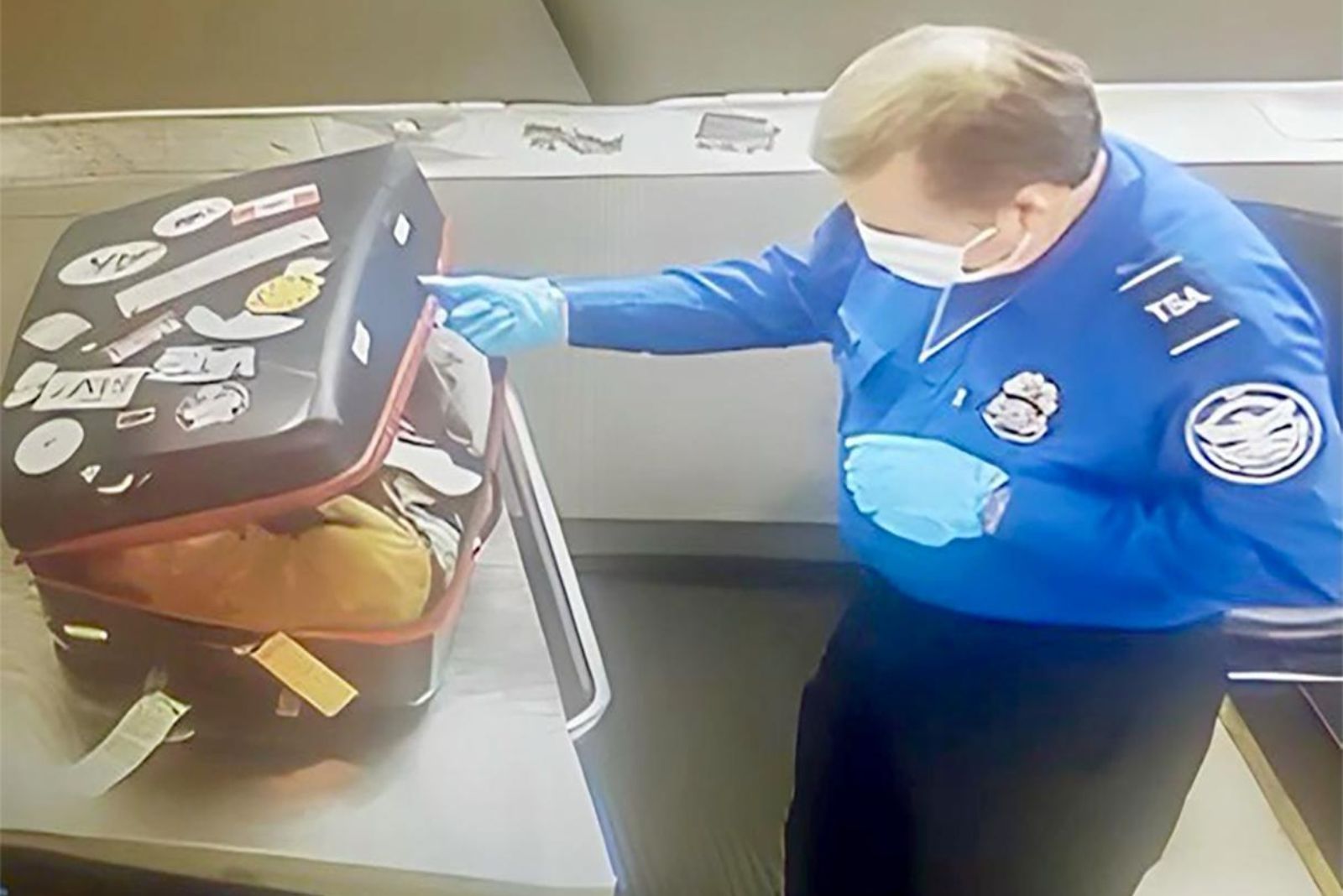 airport staff opens suitcase with cat