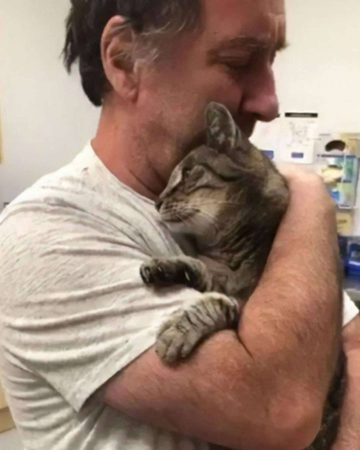 cat and man in each other's arms after a long time