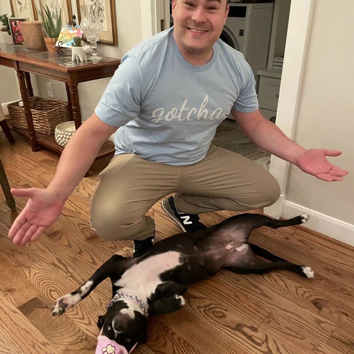 dog lying in front of the man
