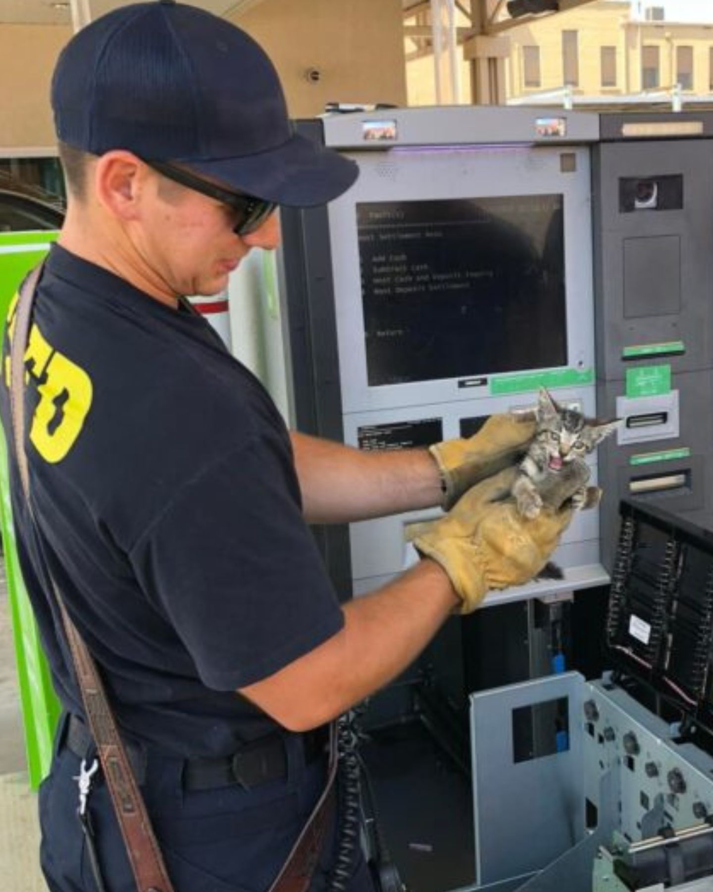 firefighters rescuing a kitten from an ATM