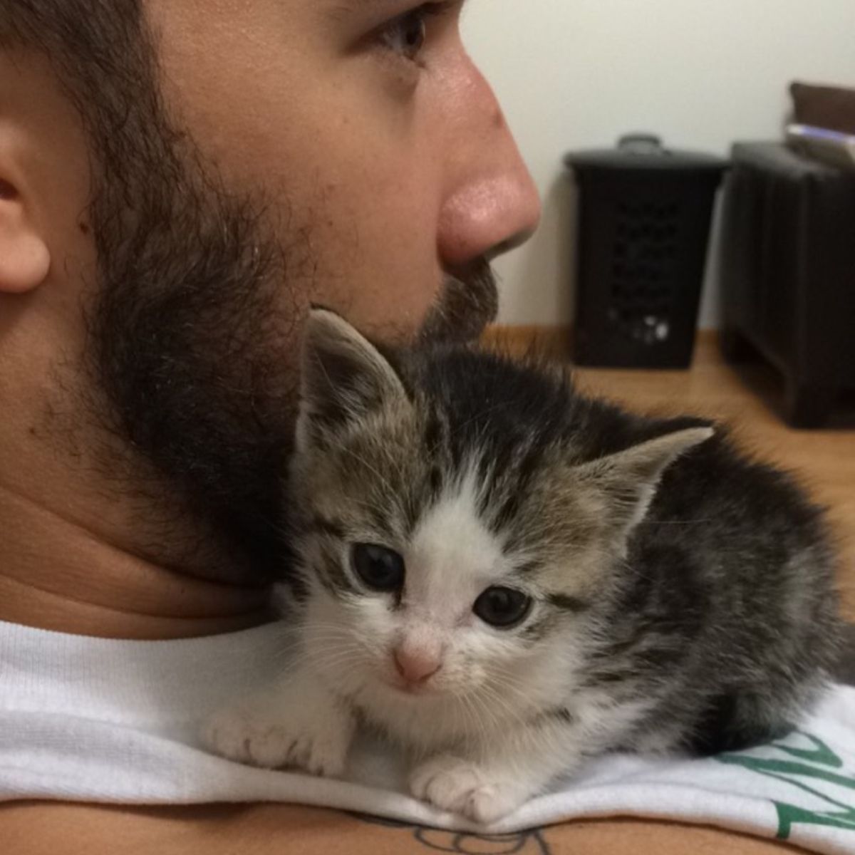 man and adopted cat