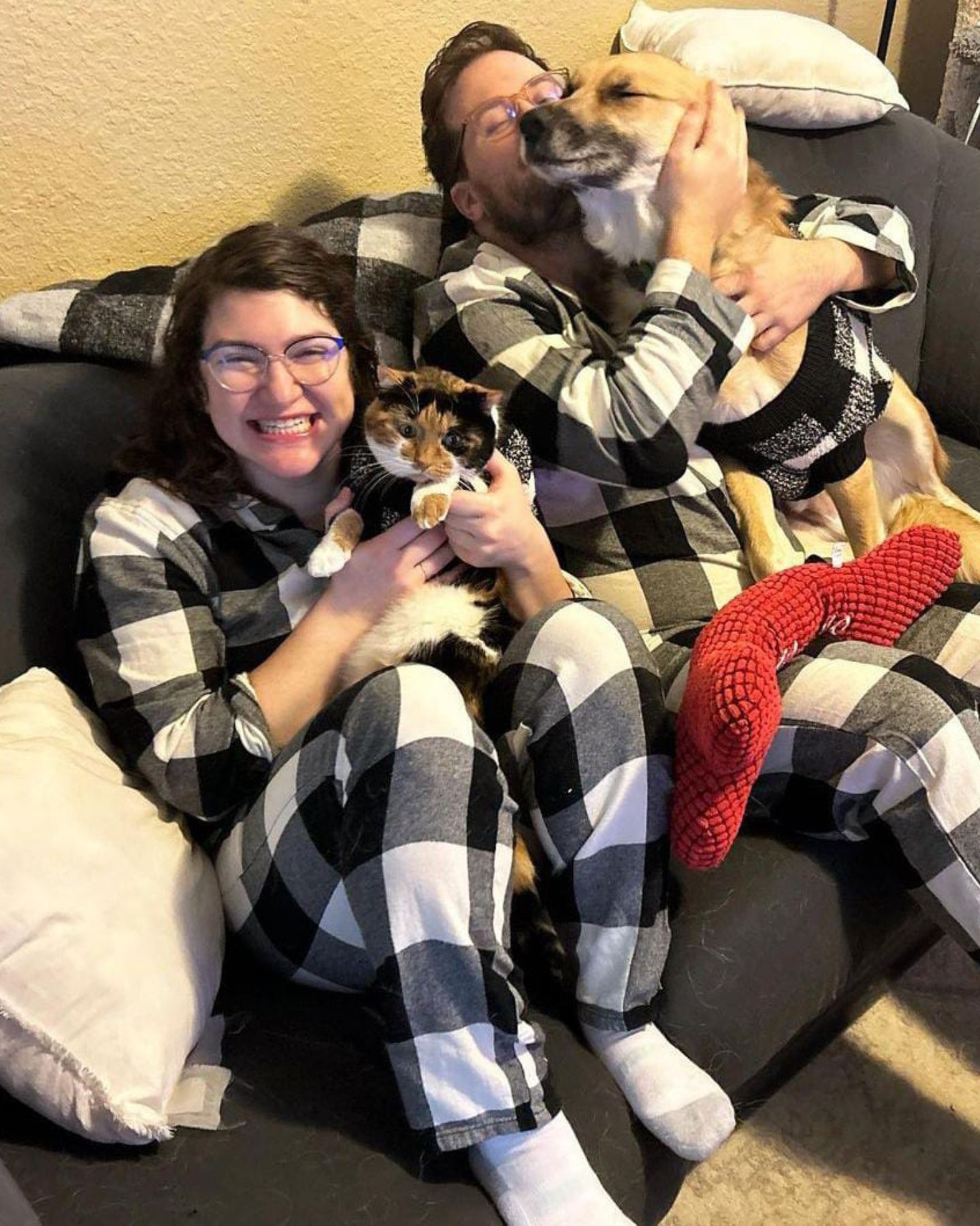 man and woman with cat and dog