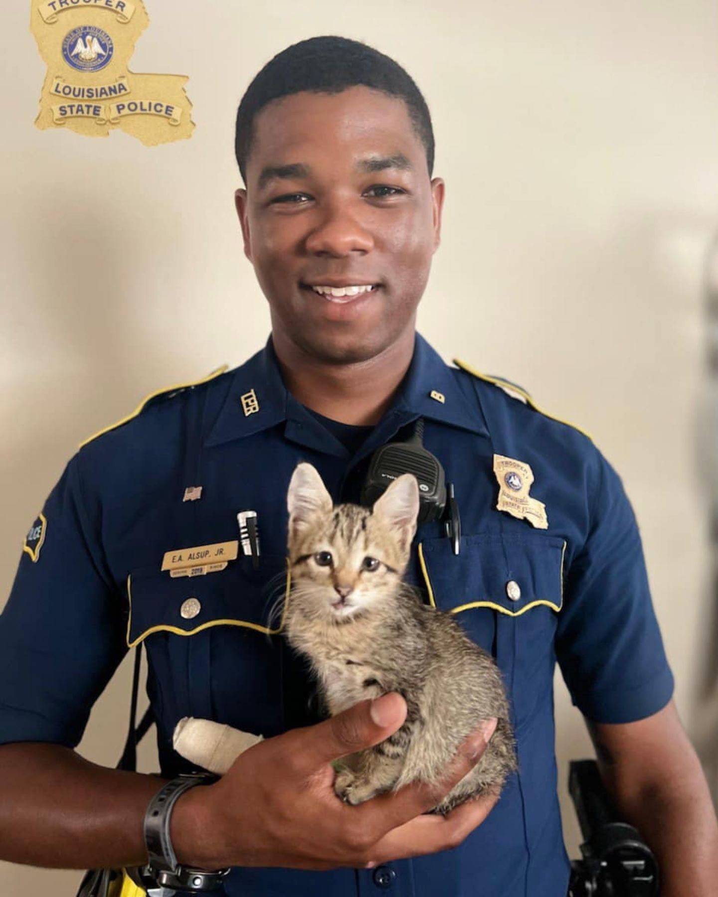 scared kitten with a policeman