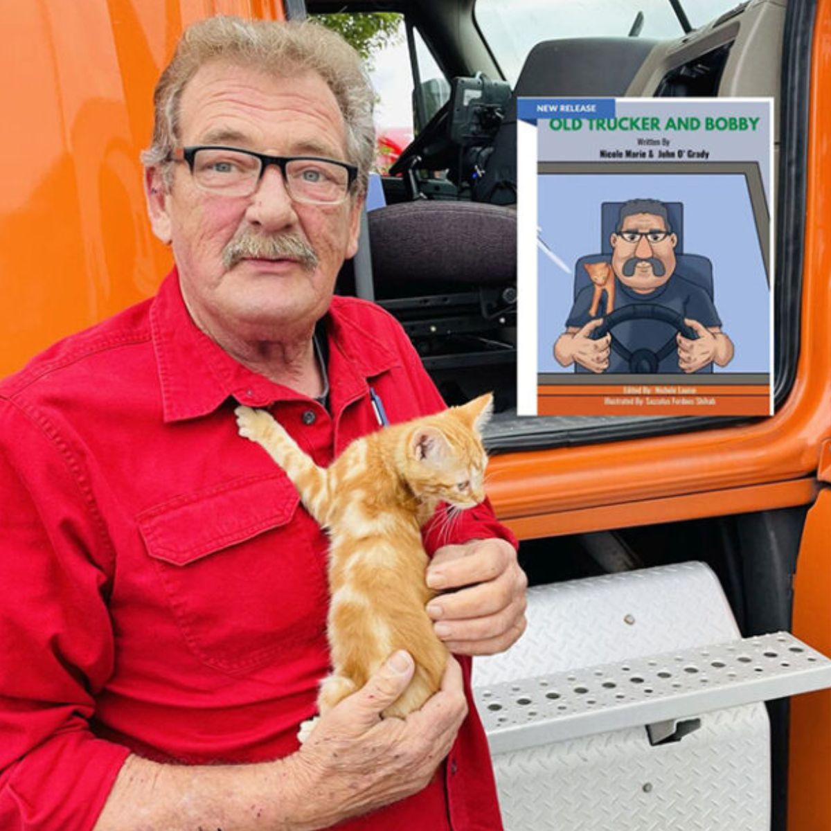 trucker and kitten posing