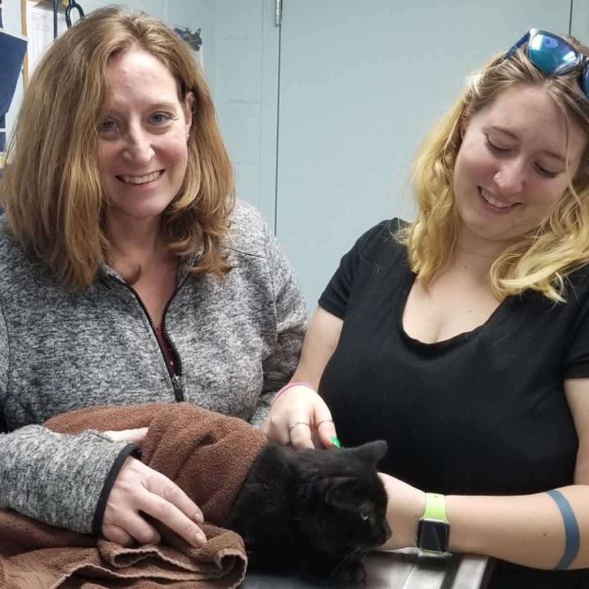 two women petting the cat