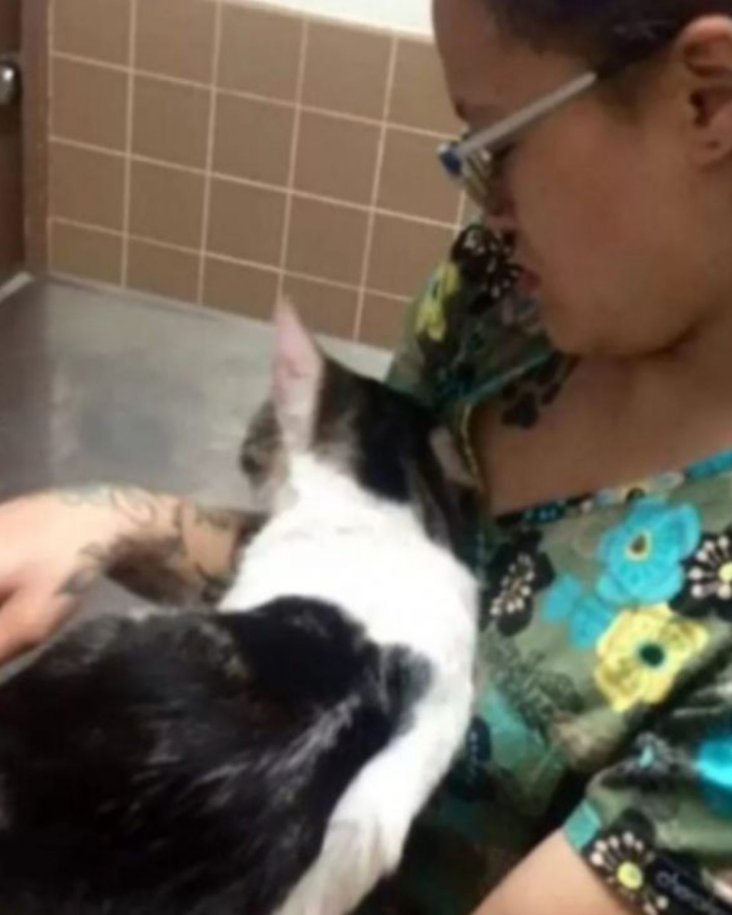 woman holds a worried cat in her arms