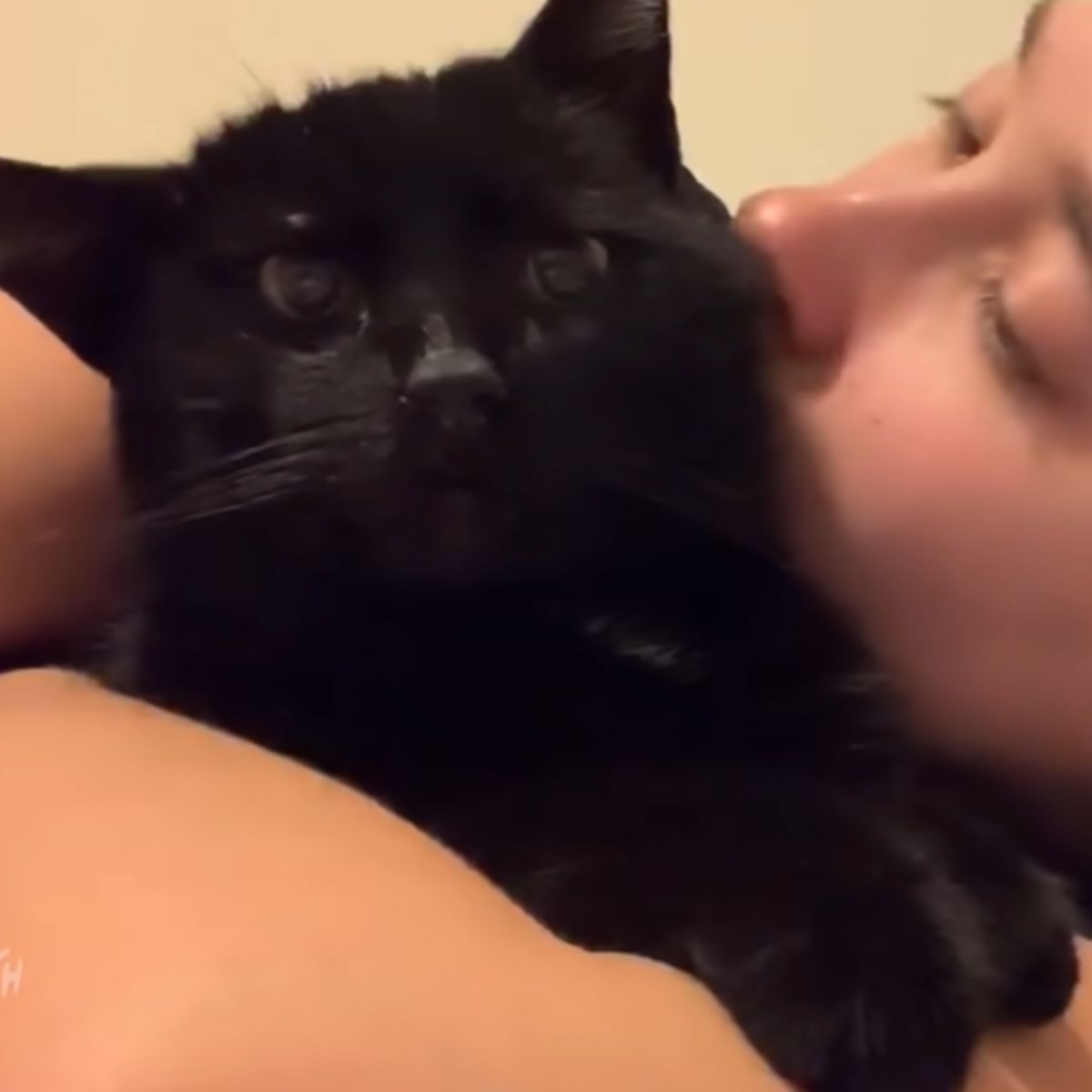 woman is kissing black cat