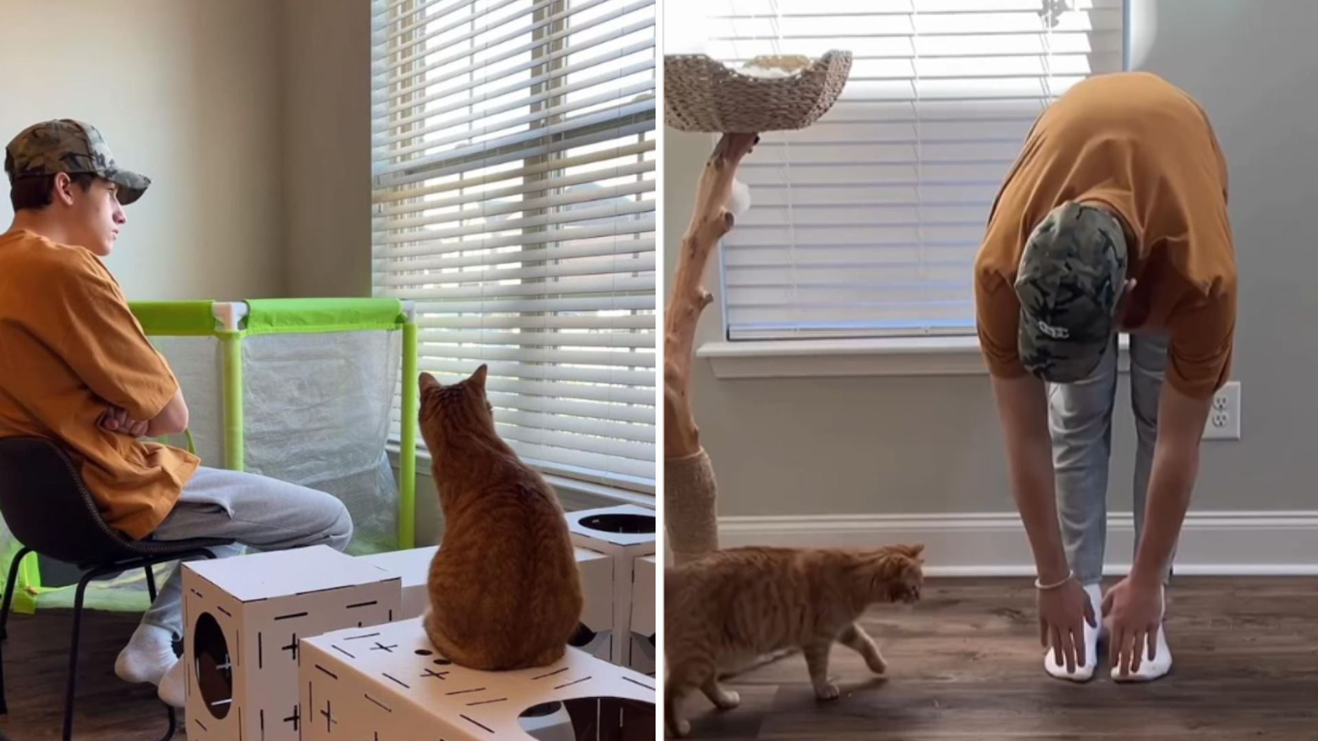 man copying his cat