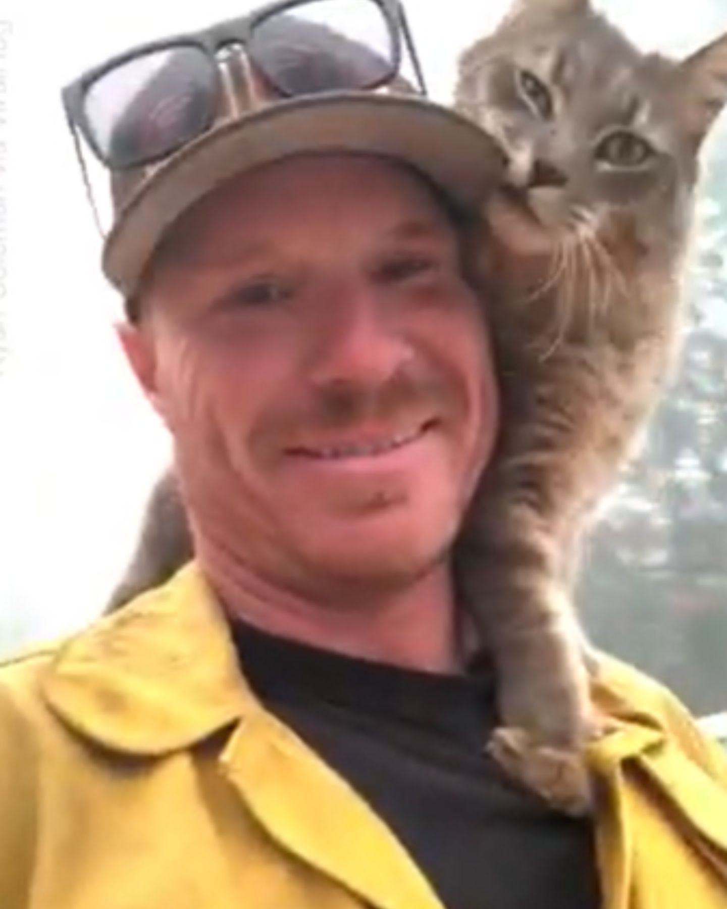 firefighter with cat on his shoulders