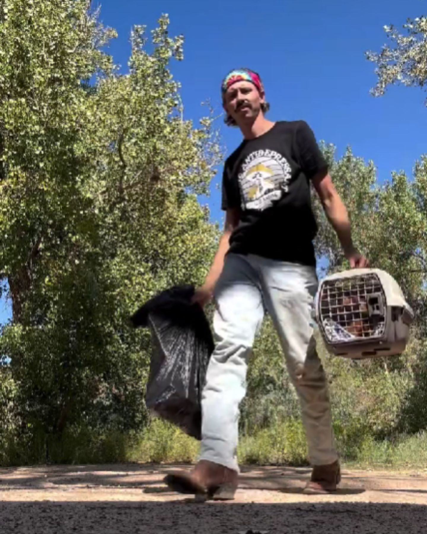 man carries kitten in carrier