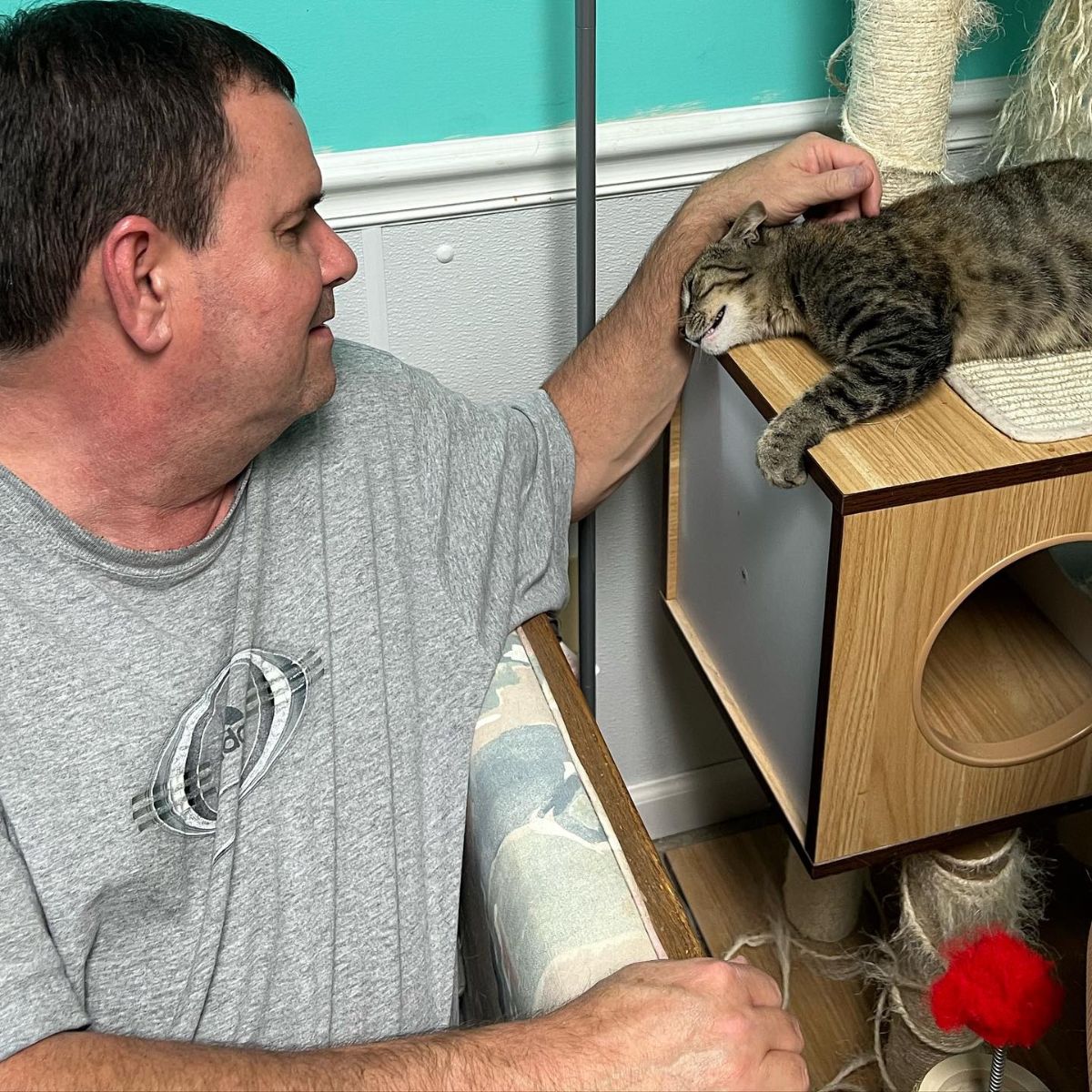 photo of man petting the cat