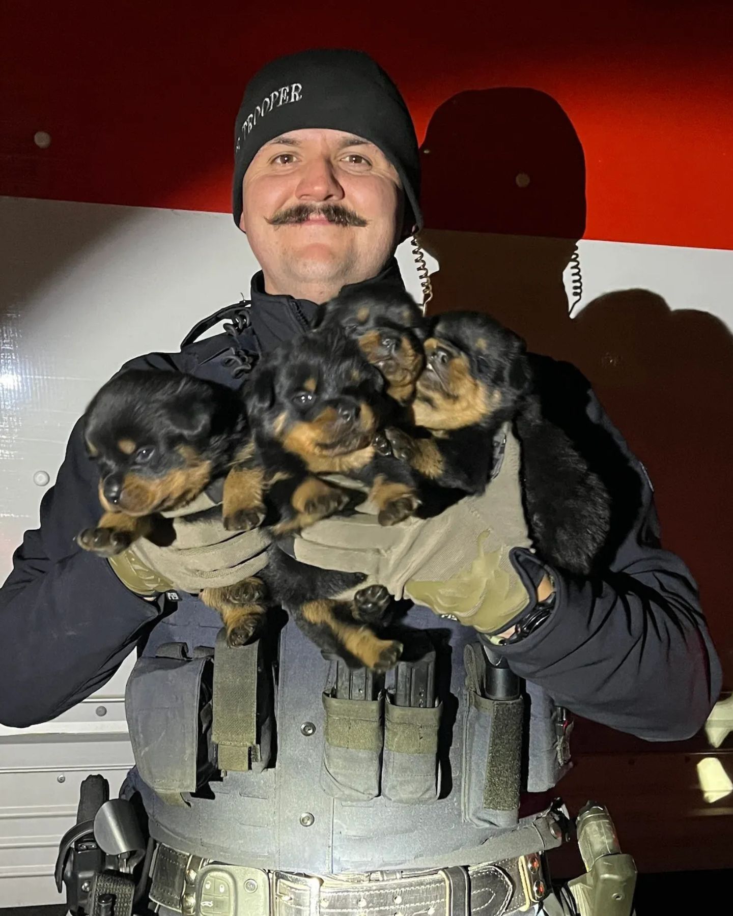 policeman with four small dogs
