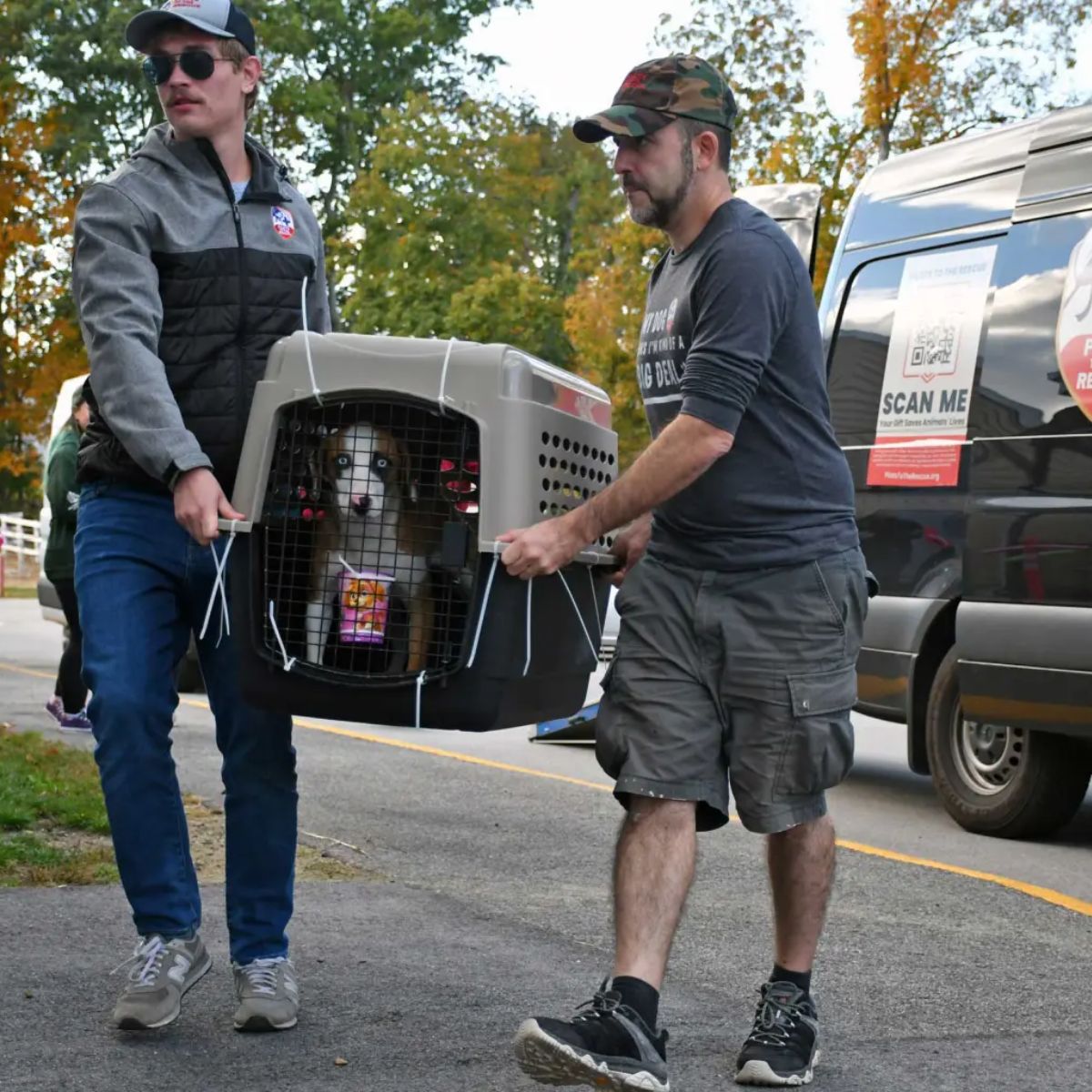 two men carrying dog in carrier