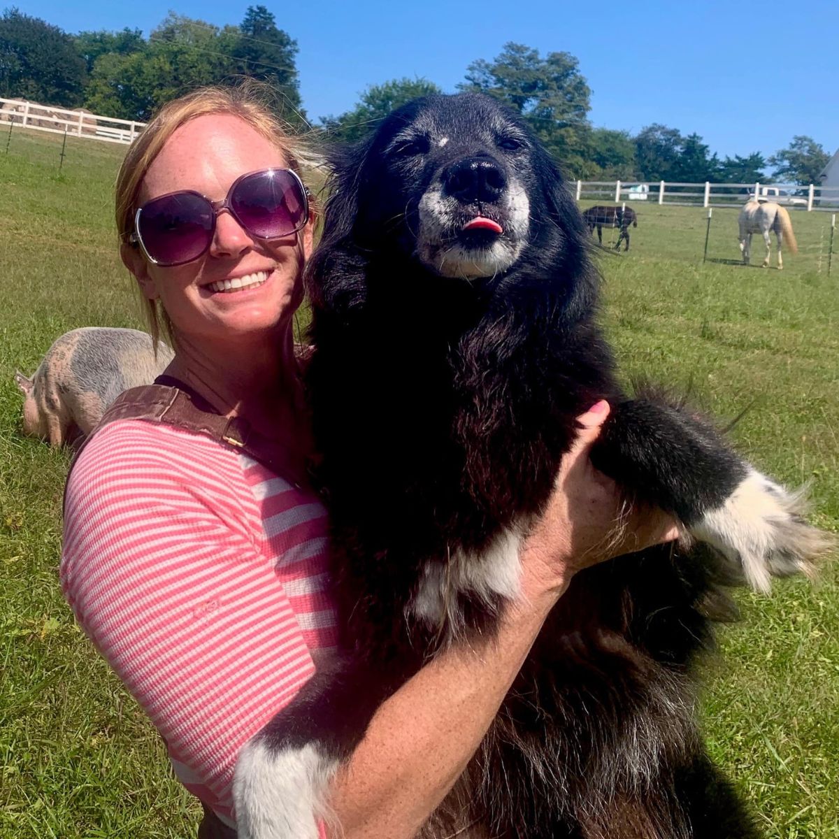 woman and black dog happy