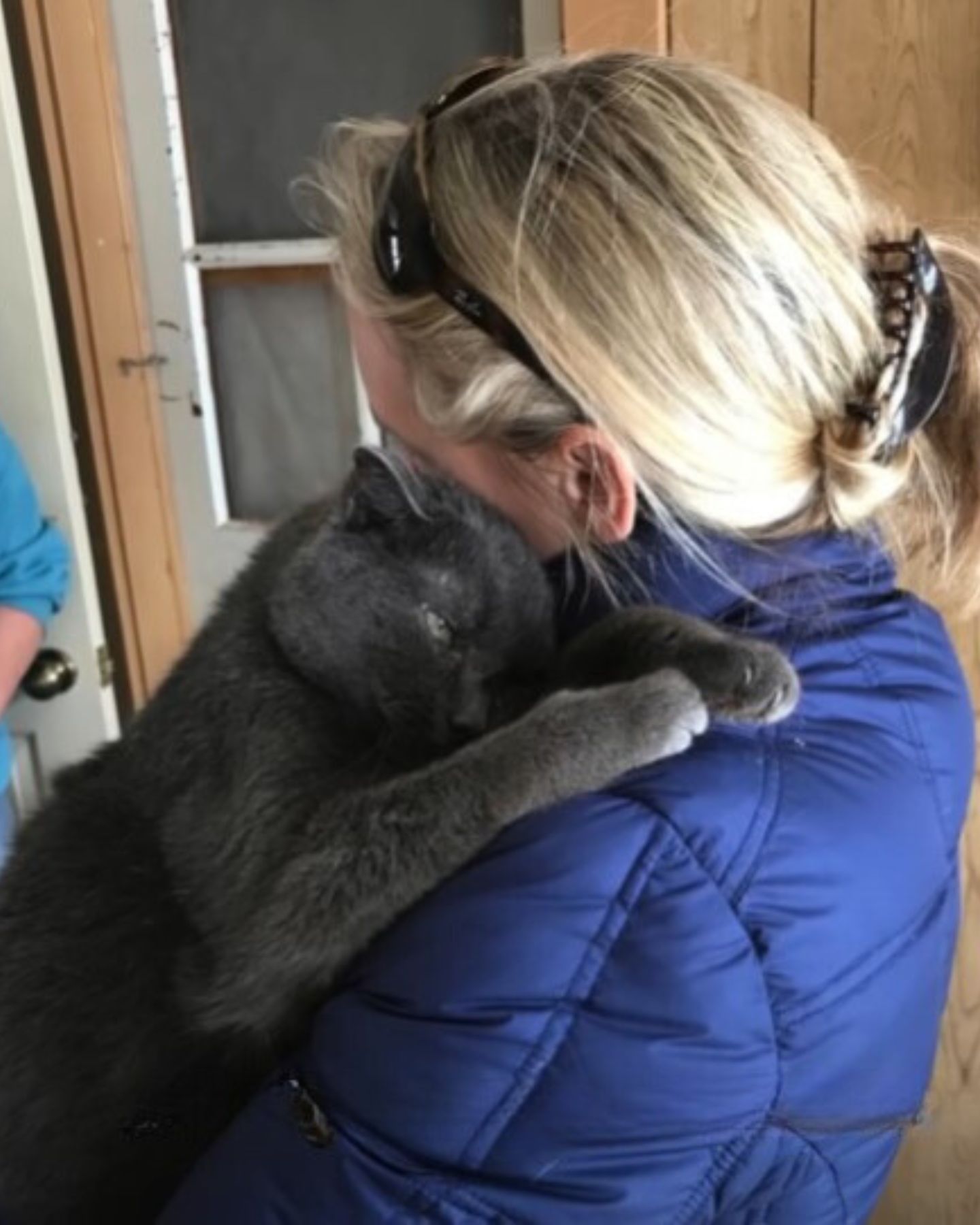 woman hugging gray cat