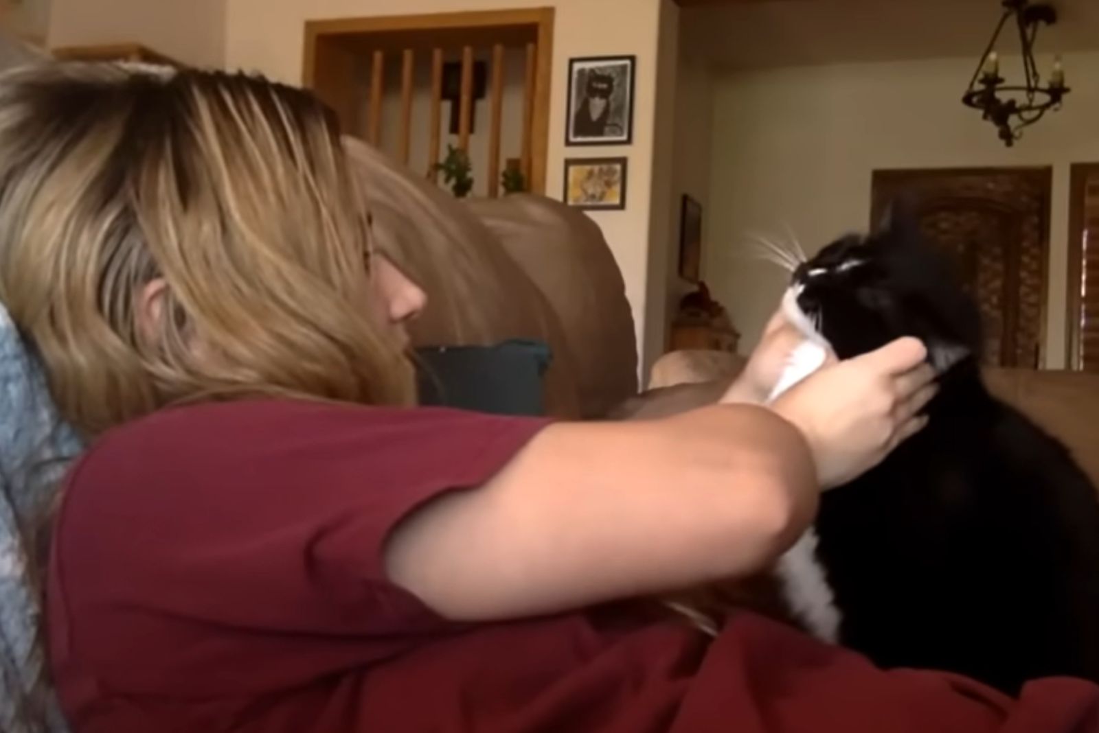 woman petting cat on her