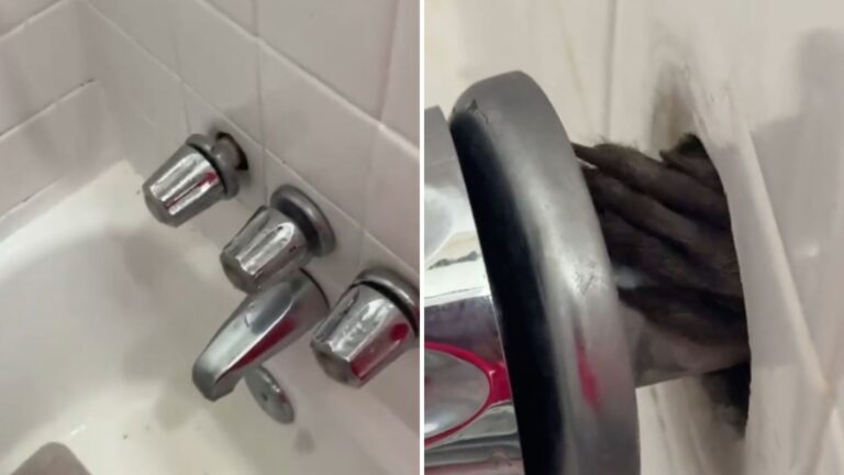 woman sees tiny hand reaching through wall