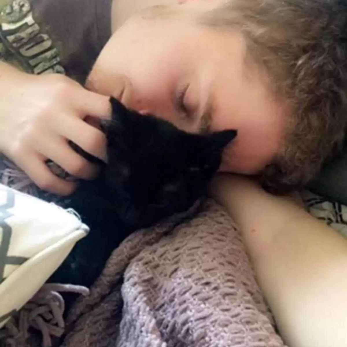 black cat and her owner cuddle