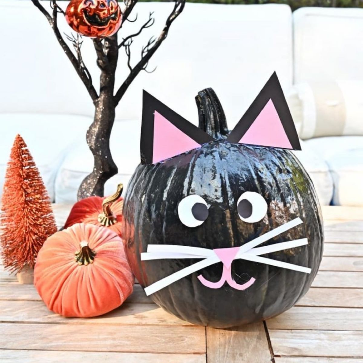 decorated black pumpkin for halloween