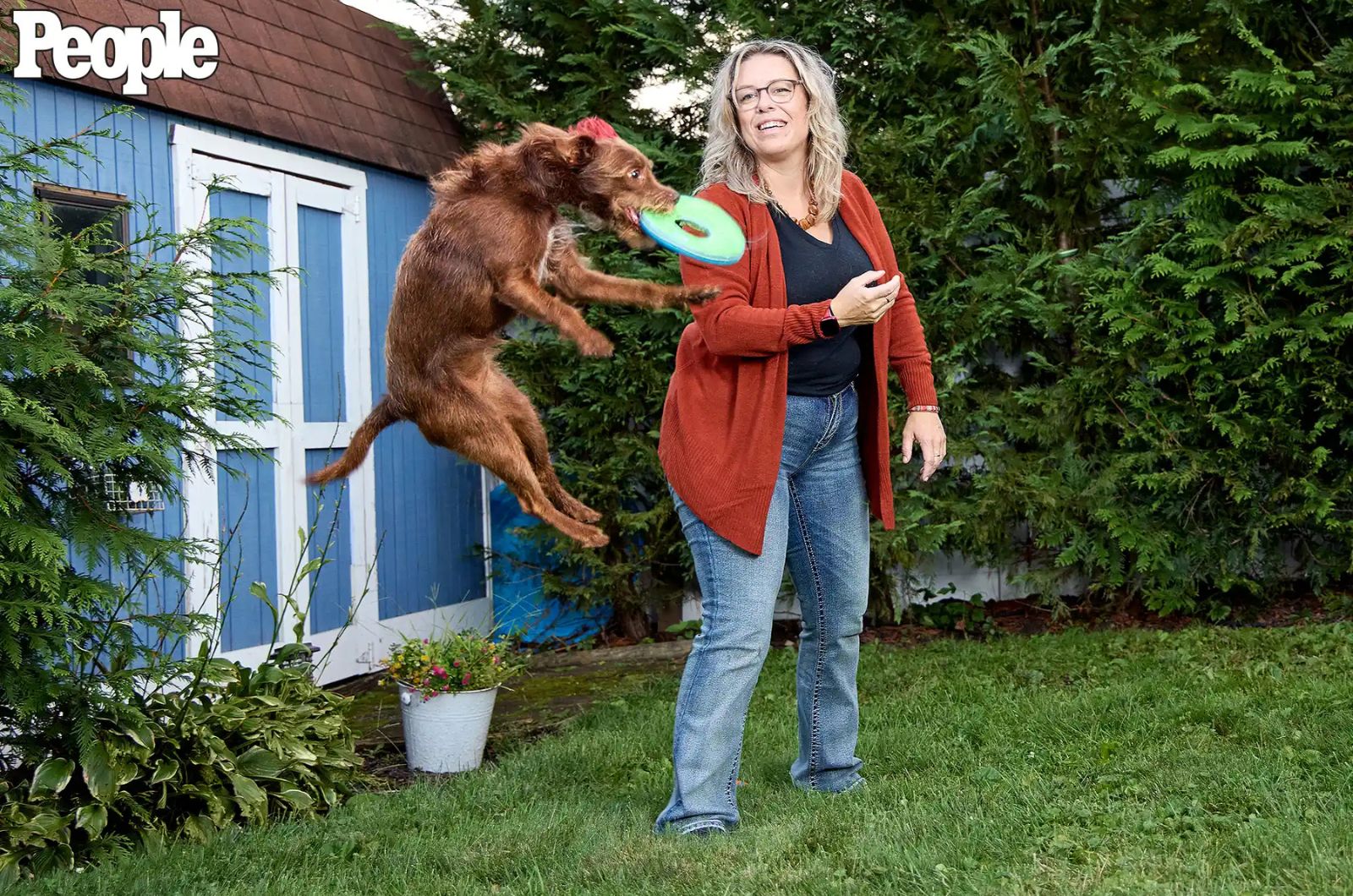 dog happily jumping in the air after a toy