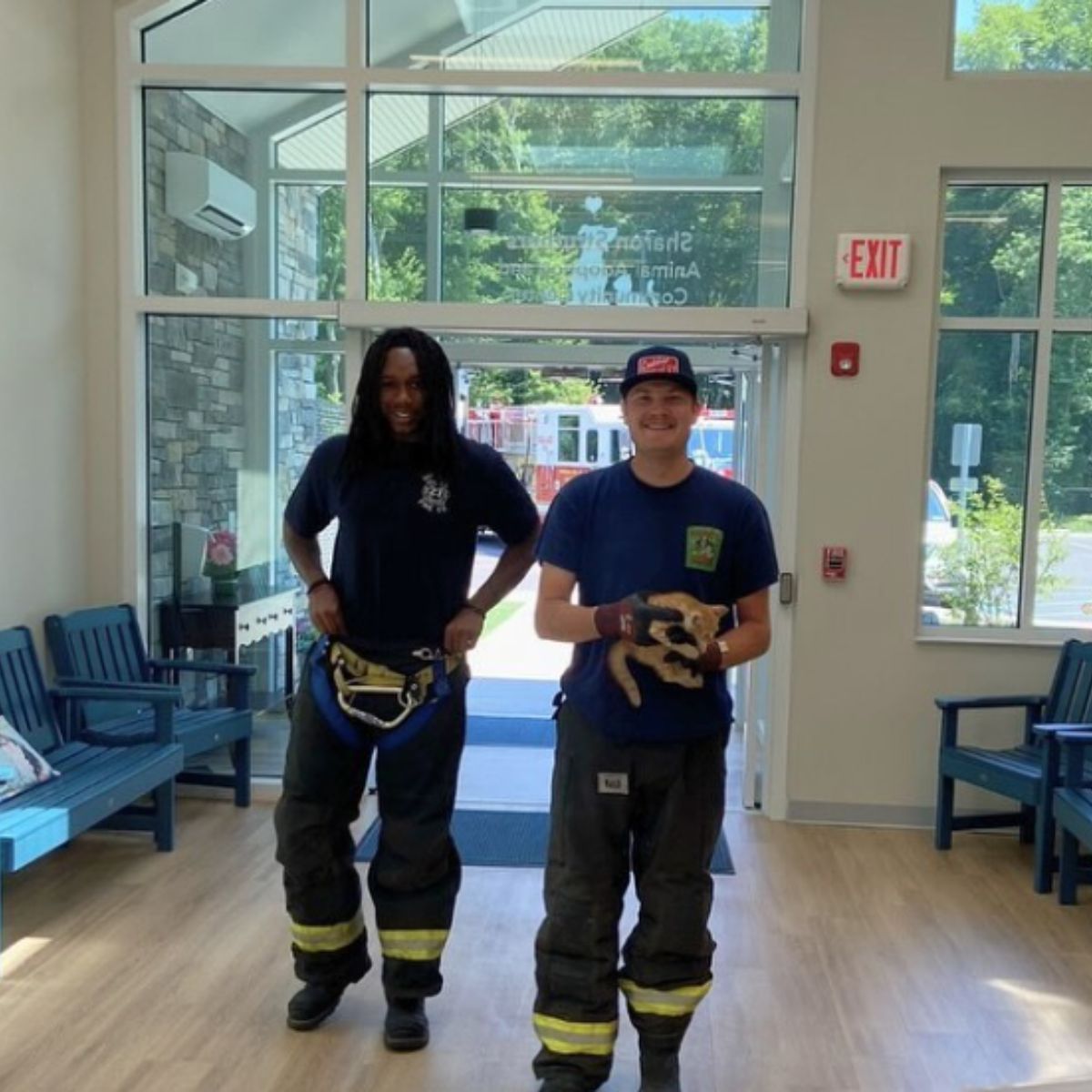firefighters with rescued cat