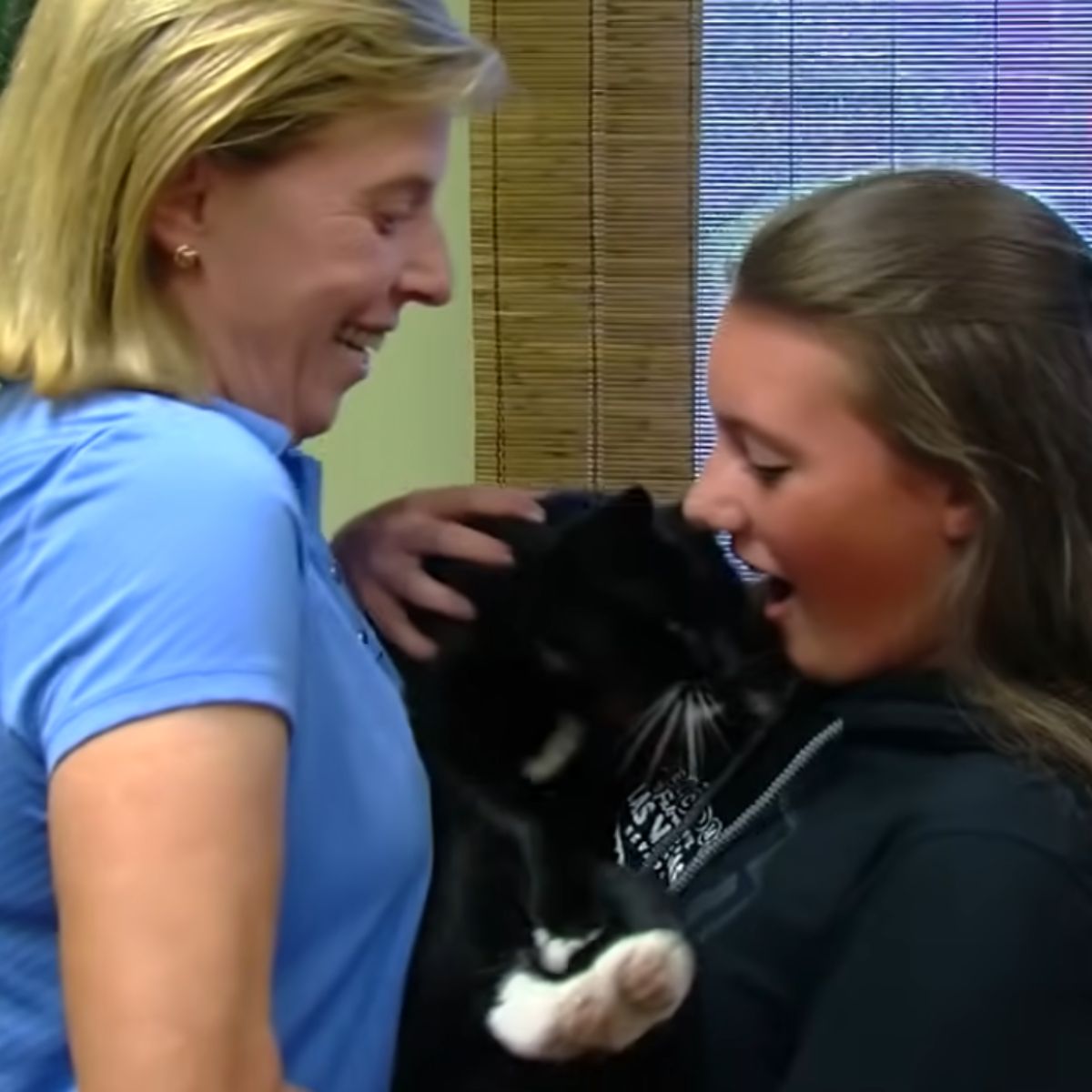 happy woman taking cat