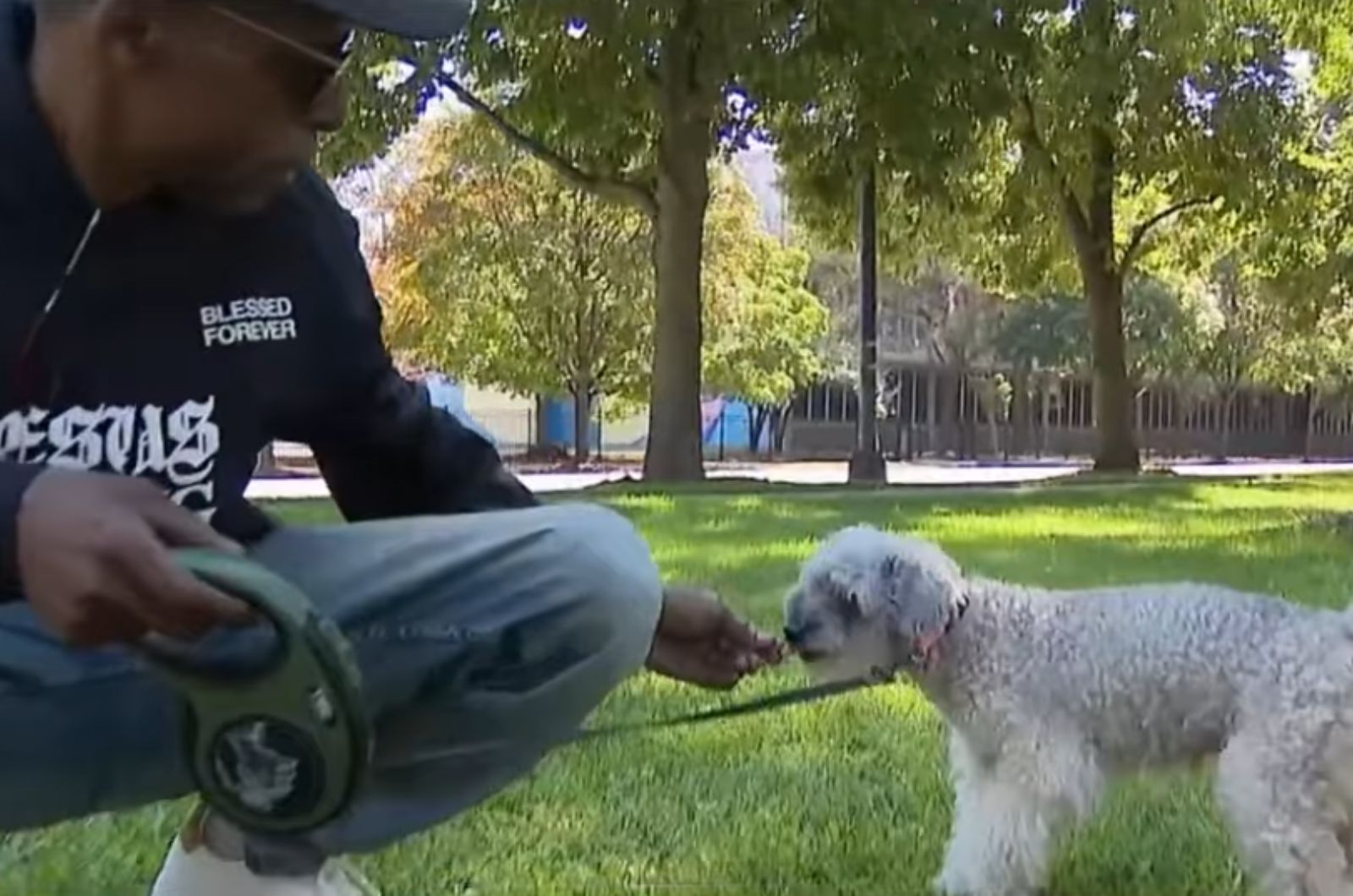 man and a white shaggy dog