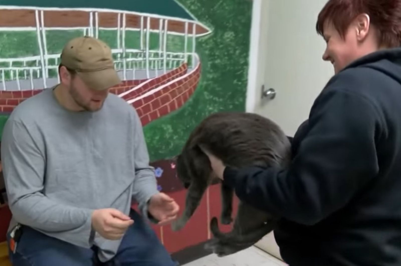 man and gray cat