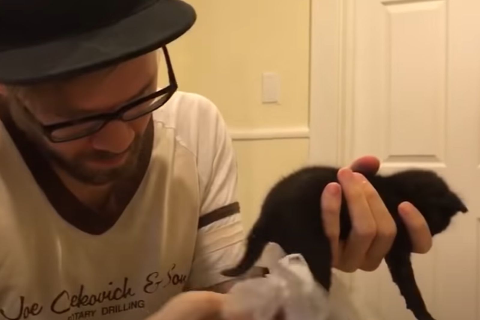 man cleans a black little kitten