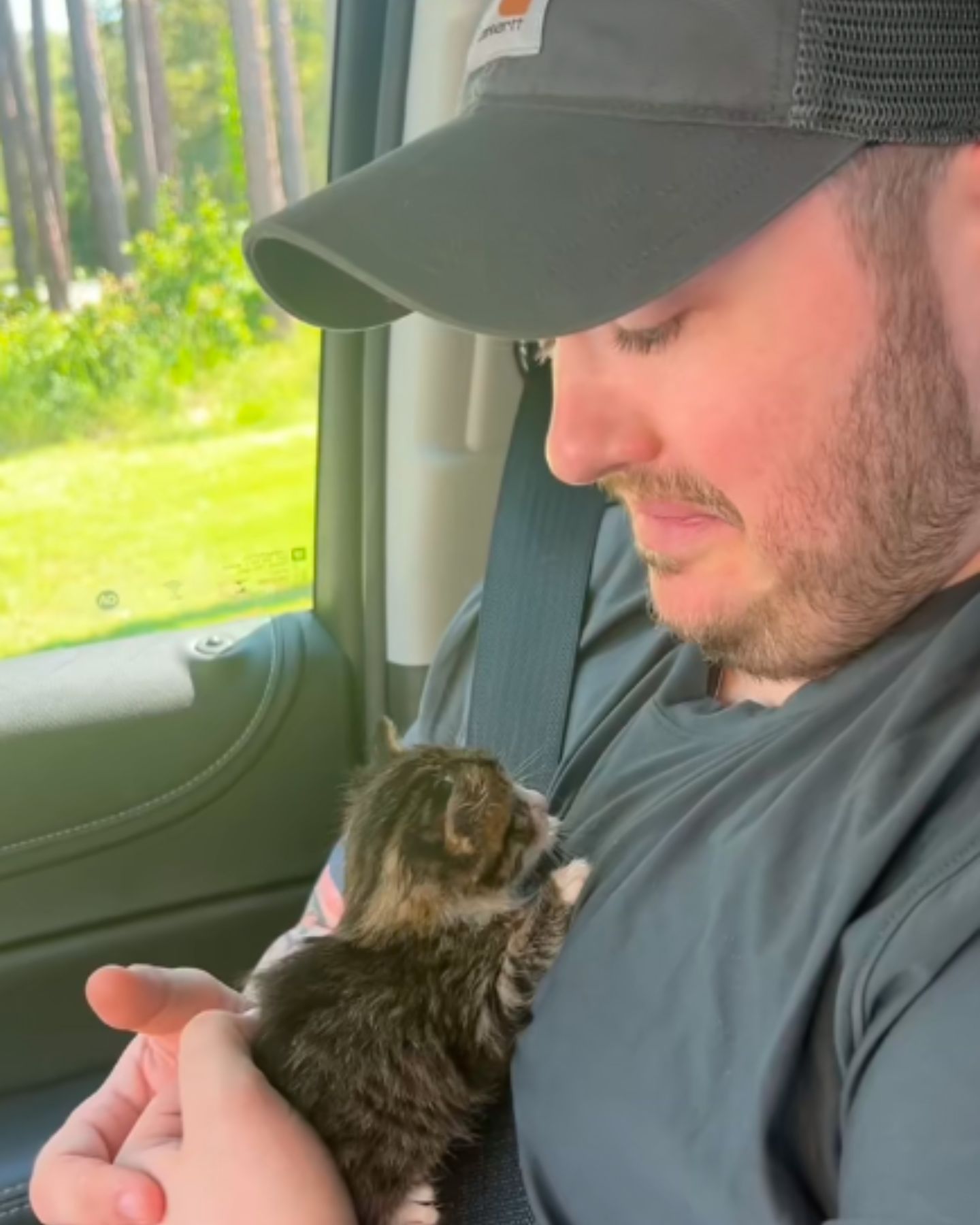 man in car with kitten