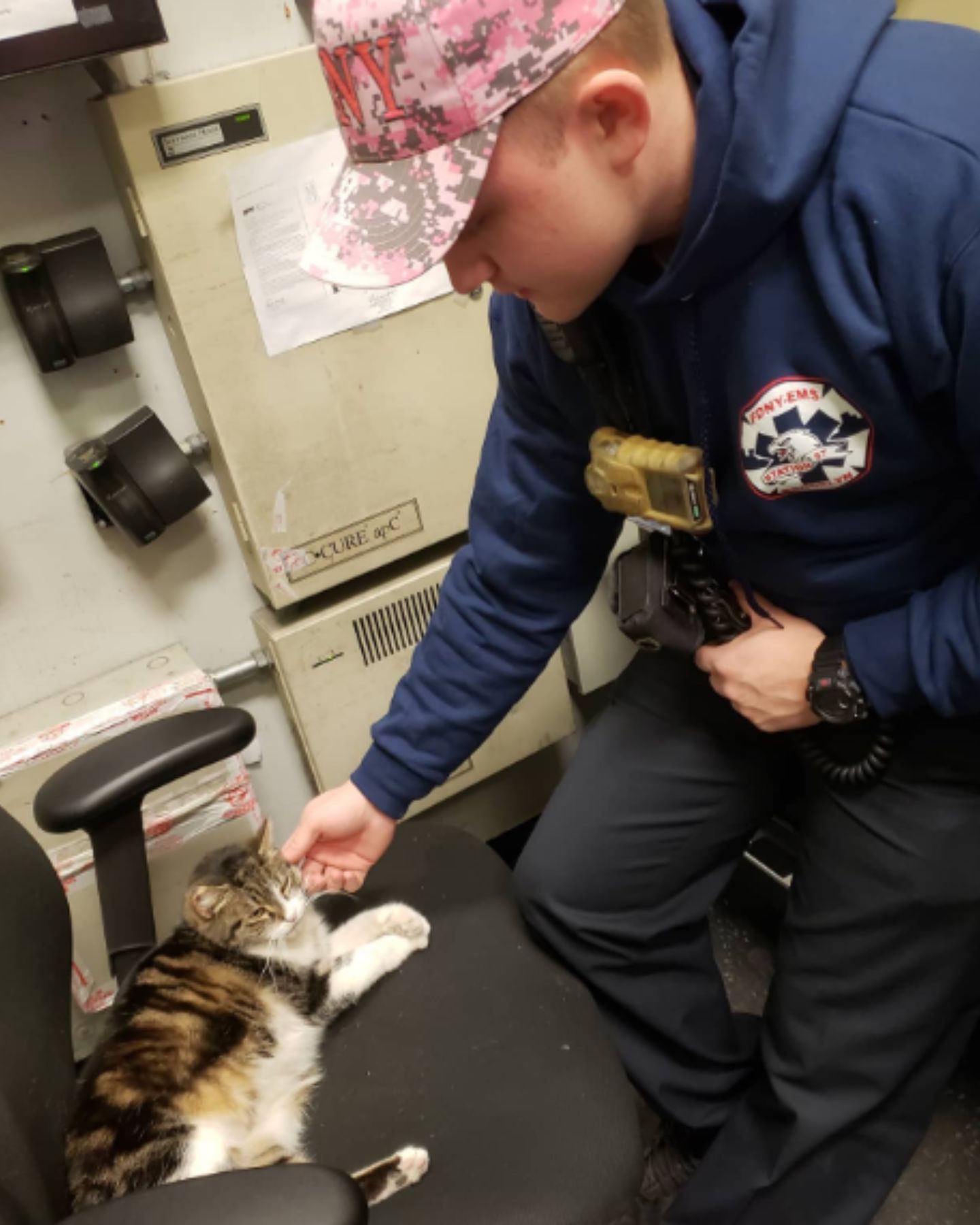 man petting cat