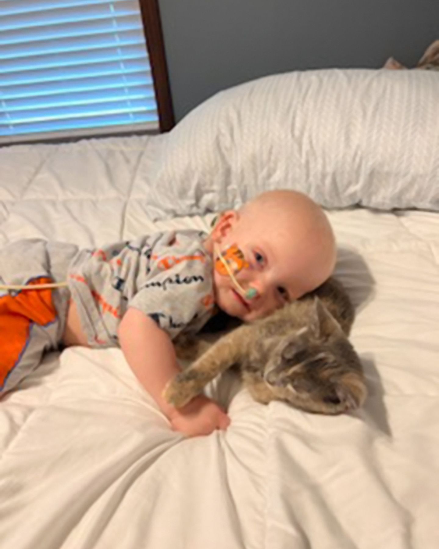 sick boy and cat in bed