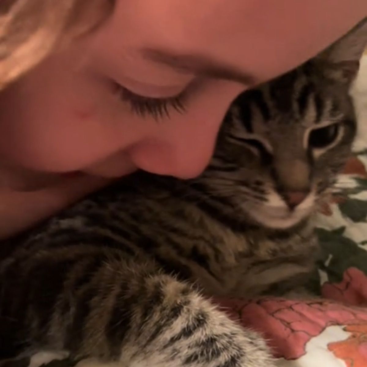woman and cat cuddle